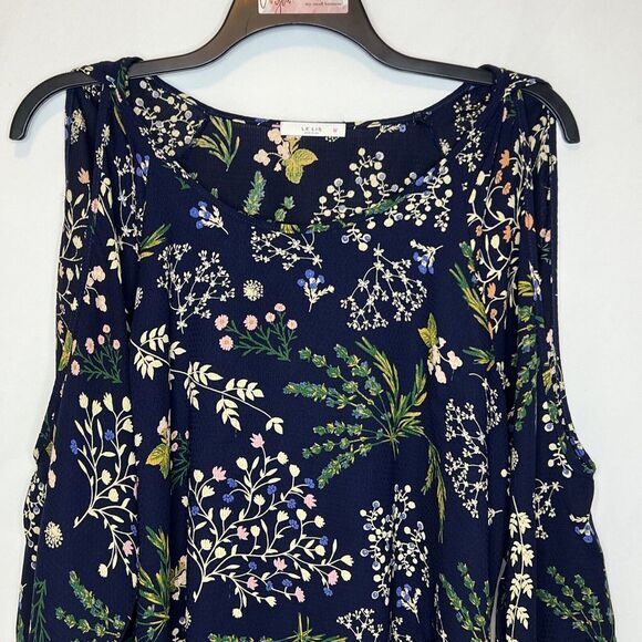 Le Lis Women's Size IX Navy Blue Floral Blouse 3/4 Sleeve Flowy -Made in the USA - Picture 4 of 11